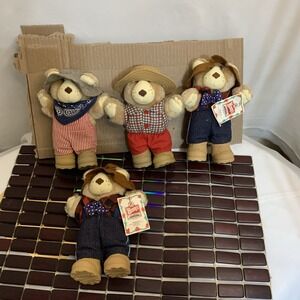 4 1980' Wendys Furskins Bear Plush Stuffed Animals Furskin Denim Overall Hat VTG